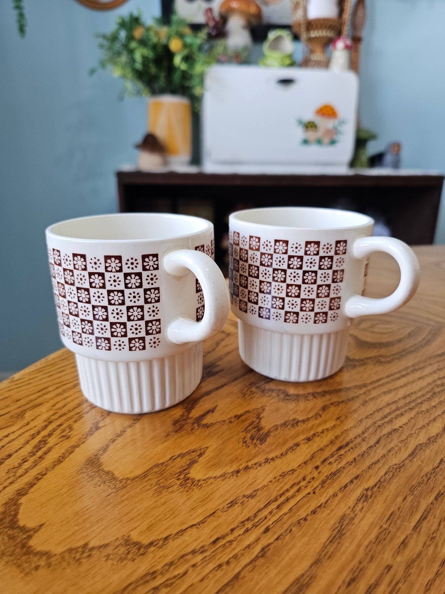 Brown & White Checkered Daisy Mugs