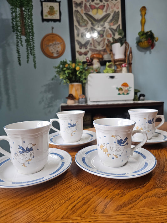 Country Goose Teacups & Saucers