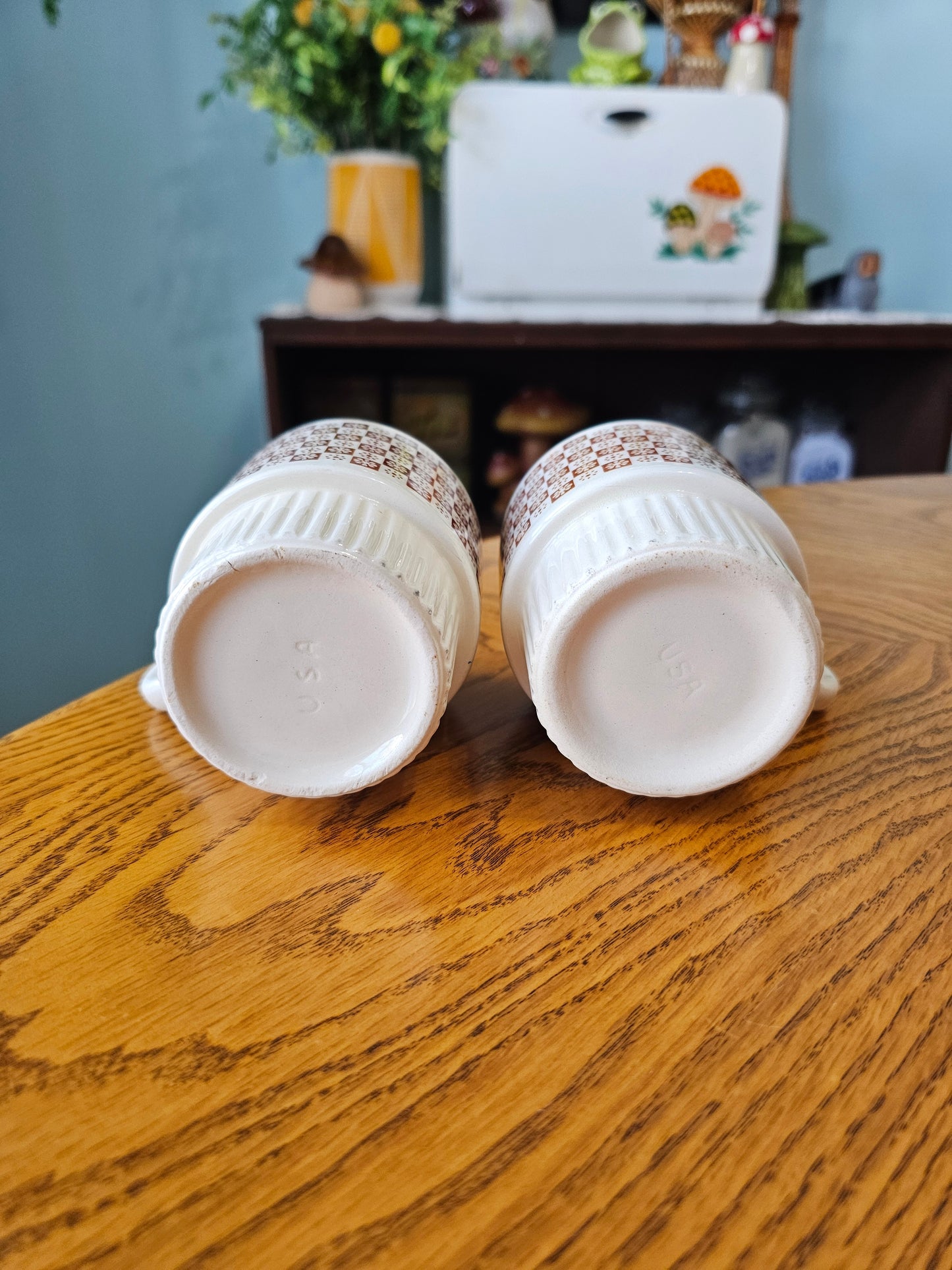 Brown & White Checkered Daisy Mugs