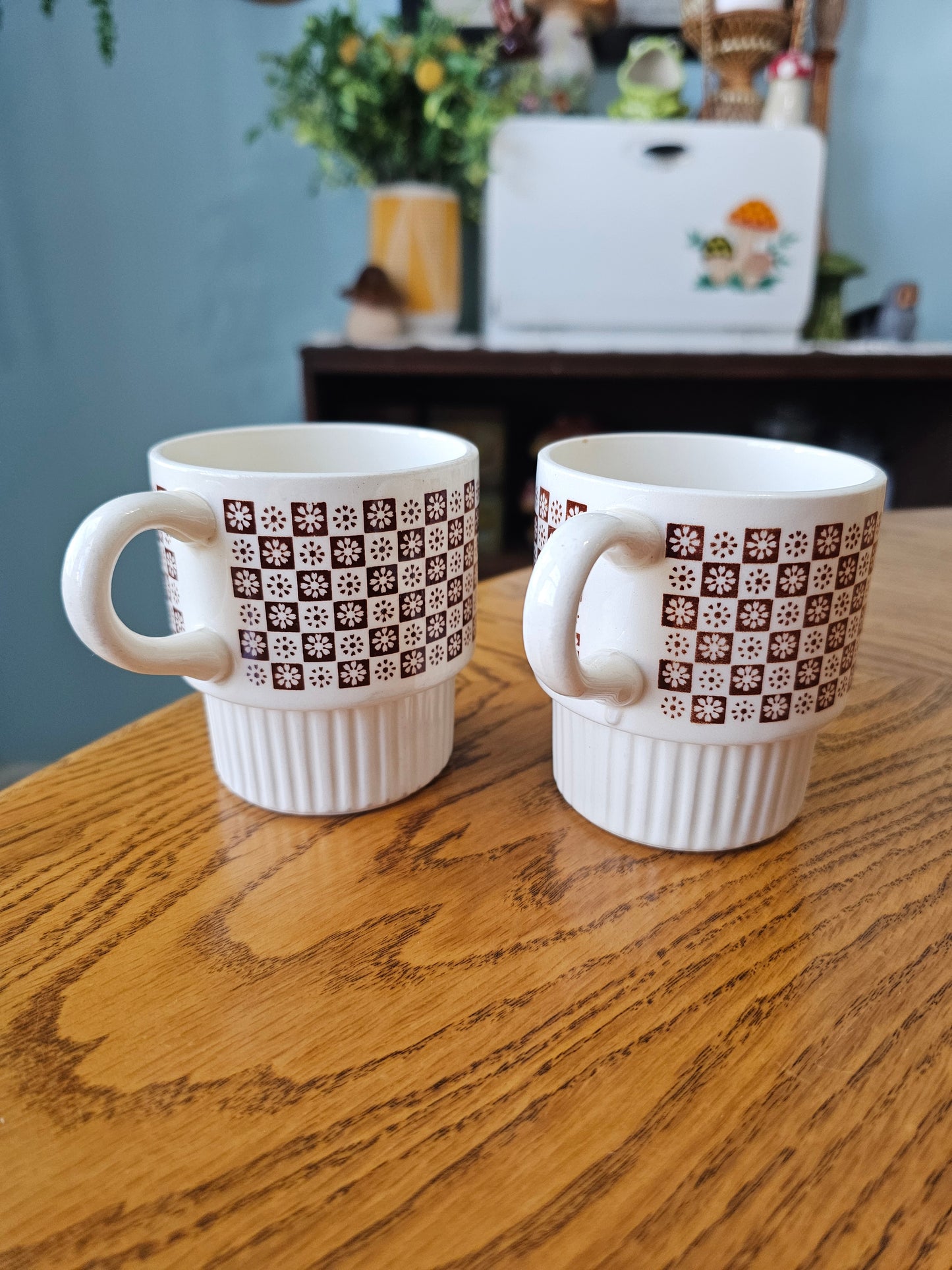 Brown & White Checkered Daisy Mugs