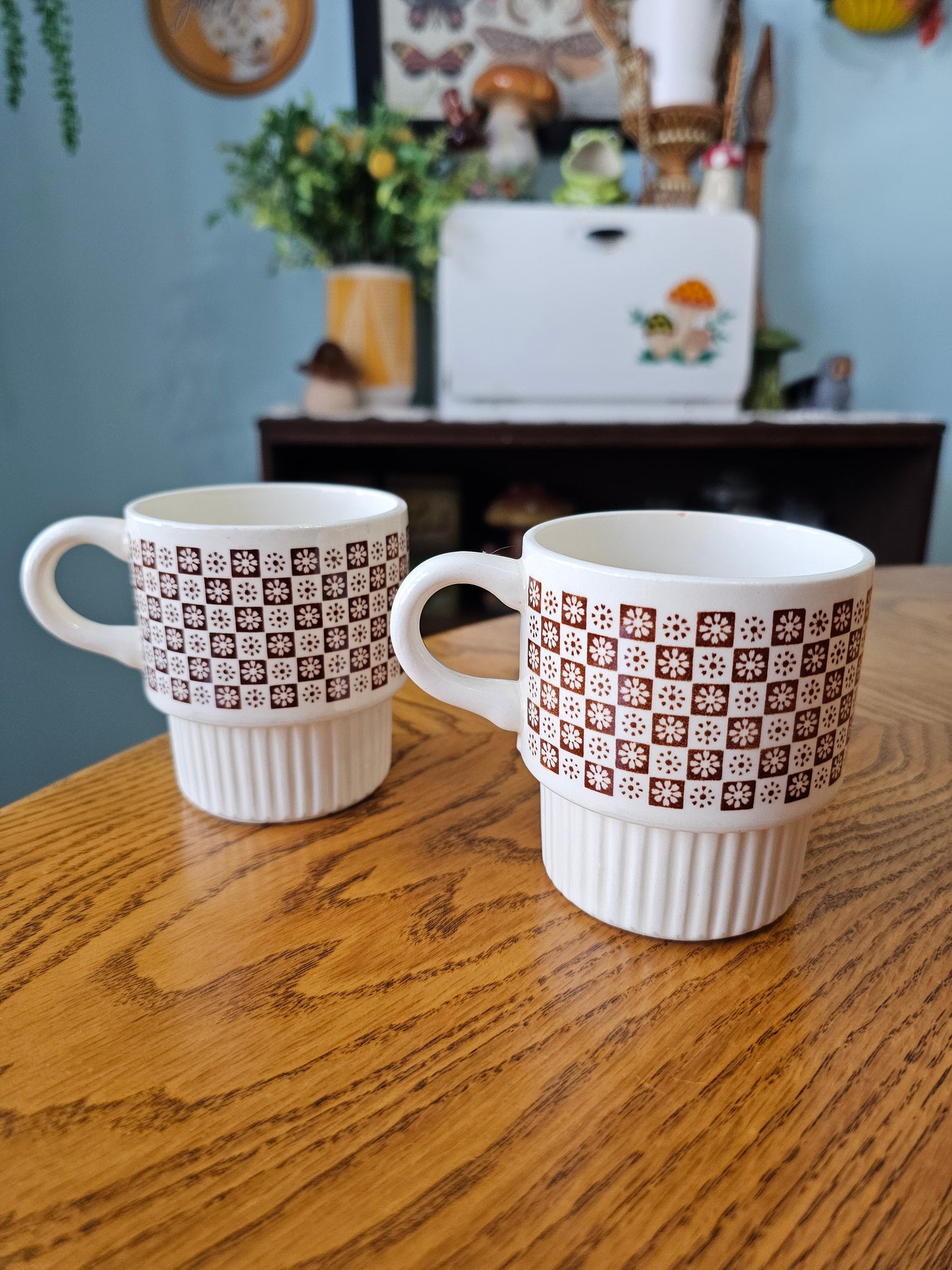 Brown & White Checkered Daisy Mugs