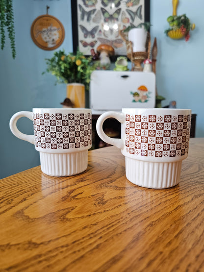 Brown & White Checkered Daisy Mugs
